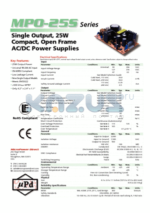 MPO-25S-24 datasheet - Single Output, 25W Compact, Open Frame AC/DC Power Supplies