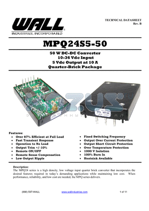 MPQ24S5-50 datasheet - 50 W DC-DC Converter 10-36 Vdc Input 5 Vdc Output at 10 A Quarter-Brick Package