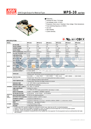 MPS-30 datasheet - 30W Single Output for Medical Type