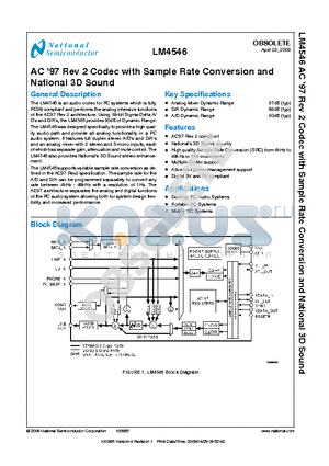 LM4546 datasheet - AC 97 Rev 2 Codec with Sample Rate Conversion and National 3D Sound