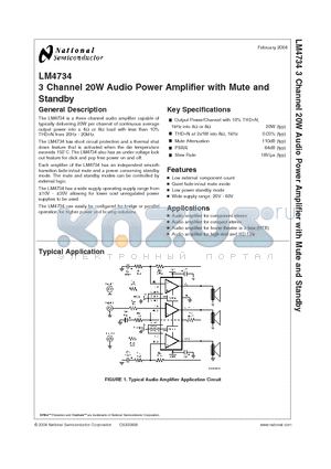 LM4734 datasheet - 3 Channel 20W Audio Power Amplifier with Mute and Standby