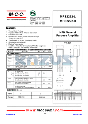 MPS2222-H datasheet - NPN General Purpose Amplifier