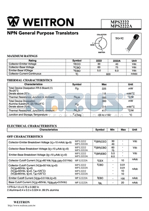 MPS2222A datasheet - NPN General Purpose Transistors