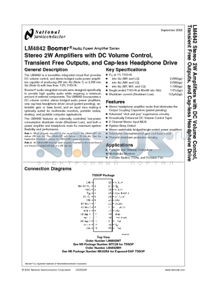 LM4842 datasheet - Stereo 2W Amplifiers with DC Volume Control Transient Free Outputs, and Cap-less Headphone Drive