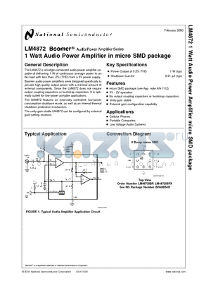 LM4872 datasheet - 1 Watt Audio Power Amplifier in micro SMD package