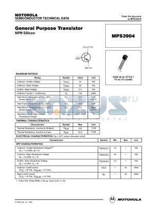 MPS3904 datasheet - General Purpose Transistor