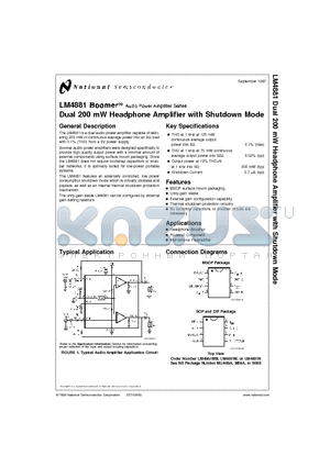 LM4881 datasheet - Dual 200 mW Headphone Amplifier with Shutdown Mode