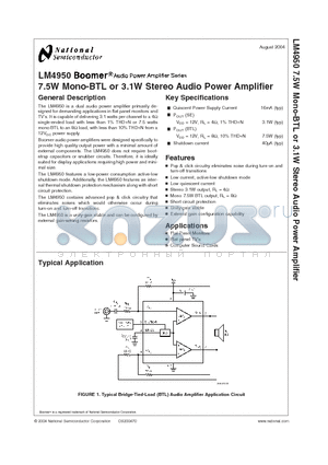 LM4950 datasheet - 7.5W Mono-BTL or 3.1W Stereo Audio Power Amplifier
