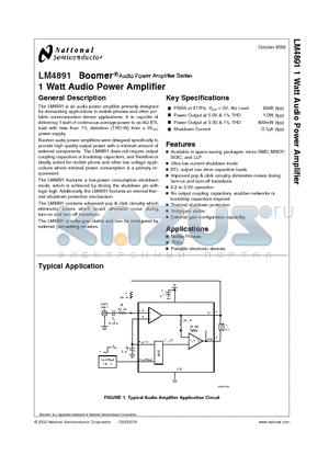 LM4891IBP datasheet - 1 Watt Audio Power Amplifier