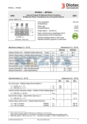 MPSA05 datasheet - General Purpose Si-Epitaxial PlanarTransistors