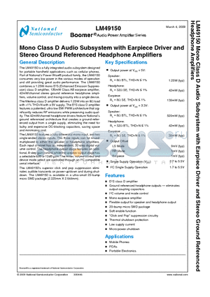 LM49150TL datasheet - Mono Class D Audio Subsystem with Earpiece Driver and Stereo Ground Referenced Headphone Amplifiers