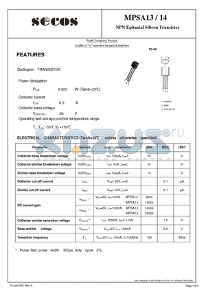 MPSA13 datasheet - NPN Epitaxial Silicon Transistor