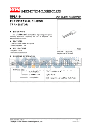 MPSA194L-T92-B datasheet - PNP EPITAXIAL SILICON TRANSISTOR