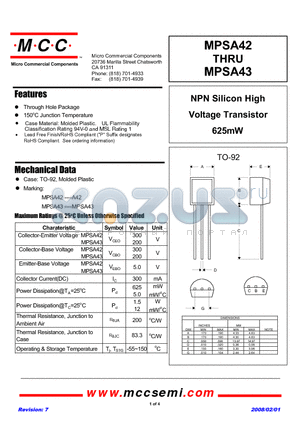 MPSA42 datasheet - NPN Silicon High Voltage Transistor 625mW