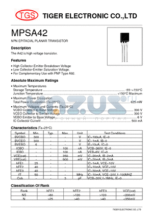 MPSA42 datasheet - NPN EPITACIAL PLANAR TRANSISTOR