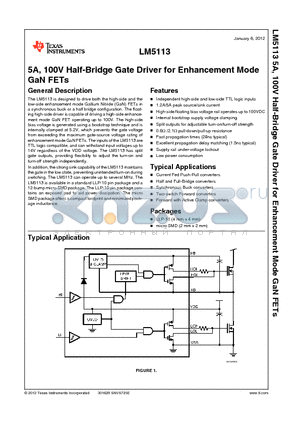 LM5113SDE datasheet - 5A, 100V Half-Bridge Gate Driver for Enhancement Mode GaN FETs