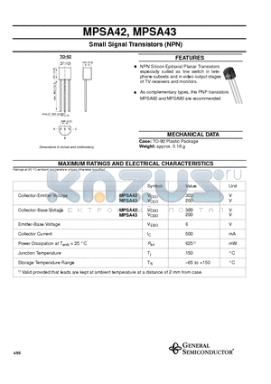 MPSA43 datasheet - Small Signal Transistors (NPN)