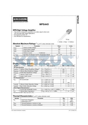 MPSA43_02 datasheet - NPN High Voltage Amplifier