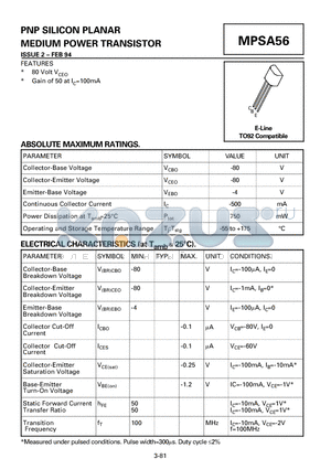 MPSA56 datasheet - PNP SILICON PLANAR MEDIUM POWER TRANSISTOR