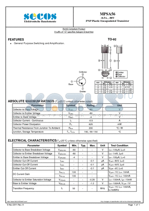 MPSA56 datasheet - -0.5A , -80V PNP Plastic Encapsulated Transistor
