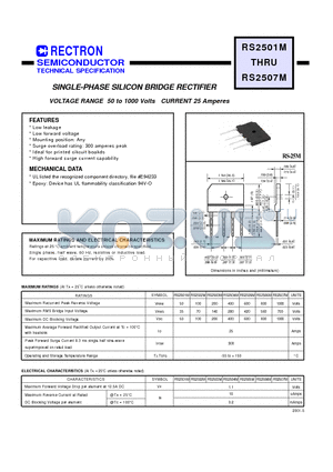 RS2503M datasheet - SINGLE-PHASE SILICON BRIDGE RECTIFIER (VOLTAGE RANGE 50 to 1000 Volts CURRENT 25 Amperes)