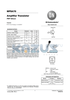 MPSA70RLRMG datasheet - Amplifier Transistor PNP Silicon