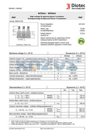 MPSA92 datasheet - High voltage Si-epitaxial planar transistors