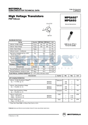 MPSA92 datasheet - High Voltage Transistors