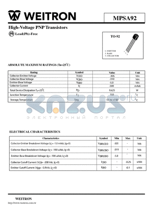 MPSA92 datasheet - High-Voltage PNP Transistors