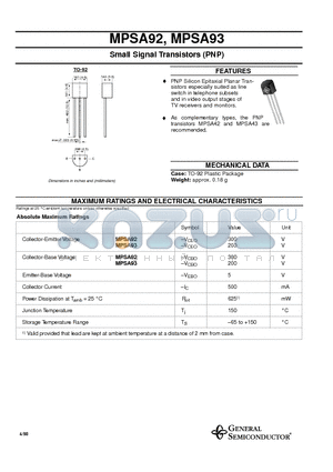MPSA93 datasheet - Small Signal Transistors (PNP)