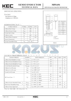 MPSA94 datasheet - EPITAXIAL PLANAR PNP TRANSISTOR (HIGH VOLTAGE)