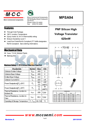 MPSA94 datasheet - PNP Silicon High Voltage Transistor 625mW