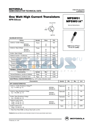 MPSW01A datasheet - One Watt High Current Transistors