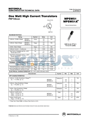 MPSW51 datasheet - ne Watt High Current Transistors