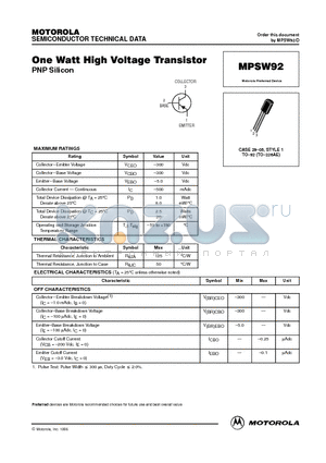 MPSW92 datasheet - One Watt High Voltage Transistor