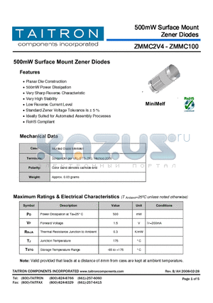 ZMMC100 datasheet - 500mW Surface Mount Zener Diodes
