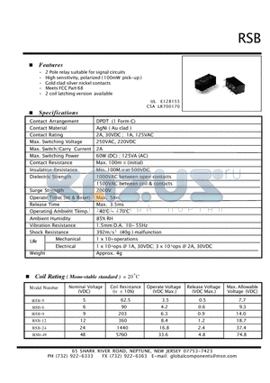RSBL-9S datasheet - 2 Pole relay suitable for signal circuits