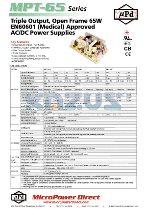 MPT-65 datasheet - Triple Output, Open Frame 65W EN60601 (Medical) Approved AC/DC Power Supplies