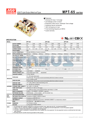 MPT-65A datasheet - 65W Triple Output Medical Type