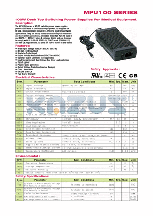 MPU100-109 datasheet - 100W Desk Top Switching Power Supplies For Medical Equipment