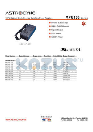 MPU100-106 datasheet - 100W Medical Grade Desktop Switching Power Adapters