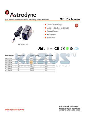 MPU12A datasheet - 12W Medical Grade Wallmount Switching Power Adapters