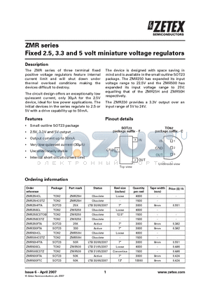 ZMR500FTC datasheet - Fixed 2.5, 3.3 and 5 volt miniature voltage regulators