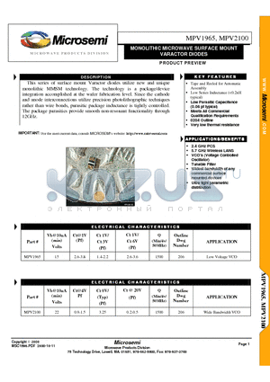 MPV1965 datasheet - MONOLITHIC MICROWAVE SURFACE MOUNT VARACTOR DIODES
