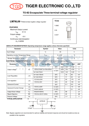 LM79L09 datasheet - TO-92 Encapsulate Three-terminal voltage regulator