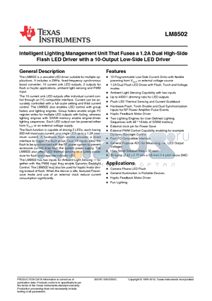 LM8502 datasheet - Intelligent Lighting Management Unit That Fuses a 1.2A Dual High-Side Flash LED Driver with a 10-Output Low-Side LED Driver