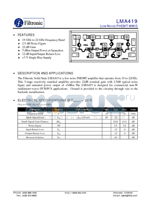 LMA419 datasheet - LOW NOISE PHEMT MMIC