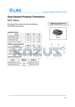 LMBT2222ADW1T1G_12 datasheet - Dual General Purpose Transistors NPN Silicon ROHS requirements.