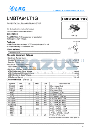 LMBTA94LT1G datasheet - PNP EPITAXIAL PLANAR TRANSISTOR