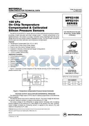MPX2100 datasheet - 0 to 100 kPa (0 to 14.5 psi) 40 mV FULL SCALE SPAN (TYPICAL)